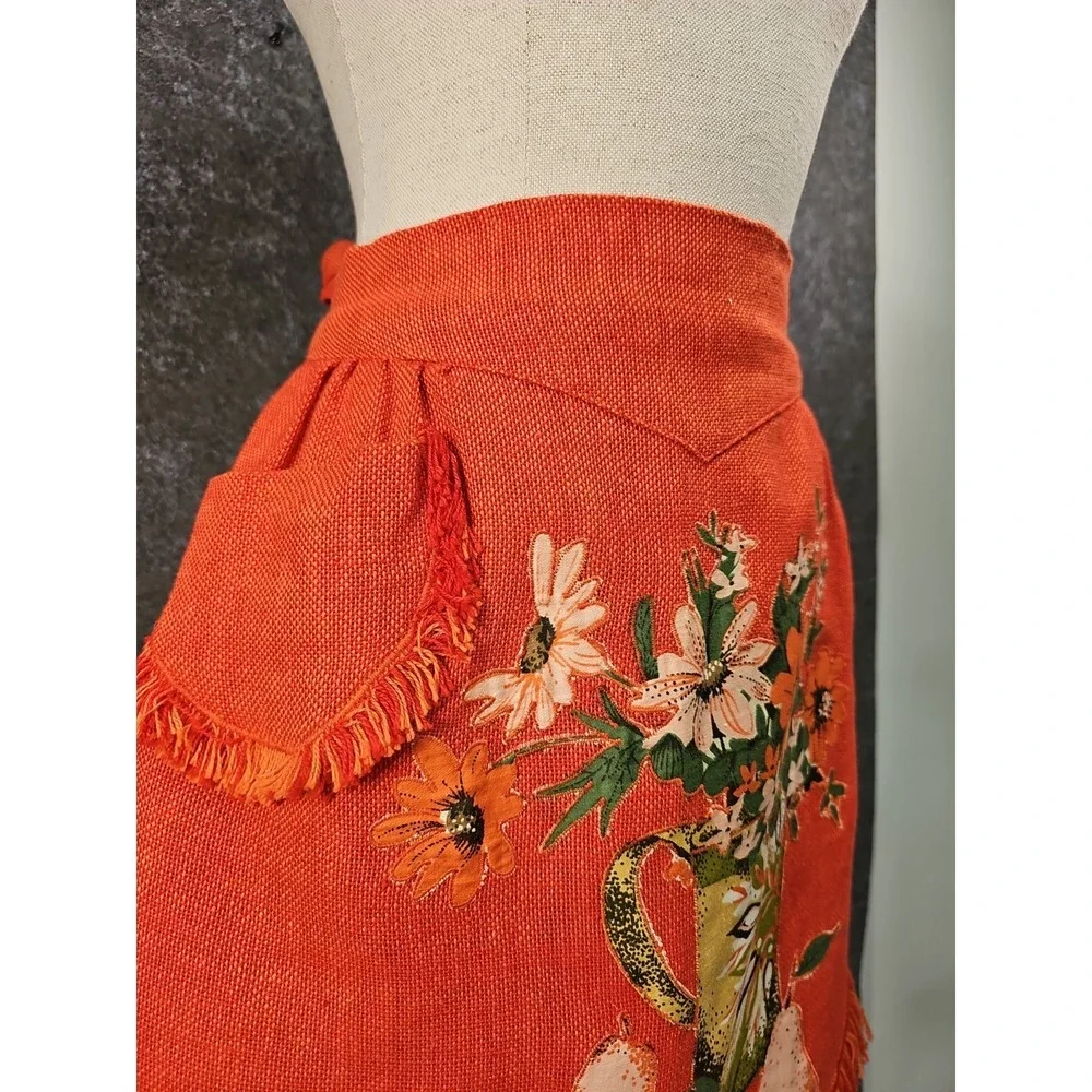 Vtg 60s Sue Sets NY Burlap Waist Apron, Fruit Floral Applique, Orange